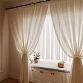 Soft Beige Linen Curtains Framing Window With Flower Vase And Basket On Sill