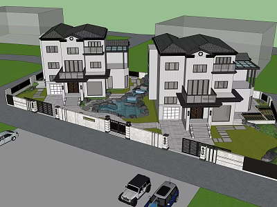 Modern Detached Villa Exterior With Garden Water Feature And Parking Space 3d model