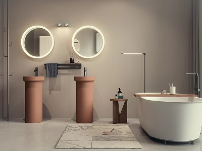Modern Bathroom With Double Pedestal Sinks Round Illuminated Mirrors And White Bathtub 3d model