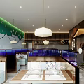 Modern Chinese Style Restaurant Interior With Wooden Decor Reception Desk Green Plants And Warm Lighting