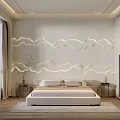 Modern Bedroom Interior With Wave Patterned Wall Lighting Large Window Natural View Wooden Nightstands 3d model