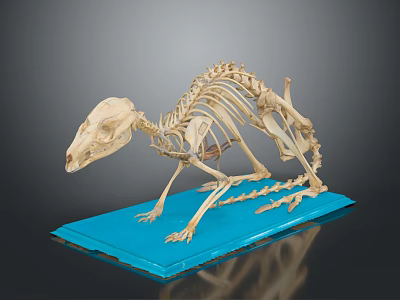 Detailed Anatomical Animal Skeleton Mounted On Blue Base With Gray Background 3d model