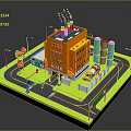 Industrial Site Model With Orange Building Chimneys Storage Tanks Truck Road And Street Lamps