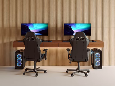 Gaming PC Setup With Dual Monitors Wooden Desk Two Gaming Chairs And Blue Light Towers 3d model