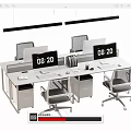 Contemporary Office Desk Setup Featuring Computer Monitors Digital Clock Chairs And Hanging Lights 3d model
