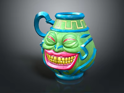 Green Smiley Face Decorative Jug With Blue Accents And Cartoon Design 3d model