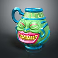 Green Smiley Face Decorative Jug With Blue Accents And Cartoon Design
