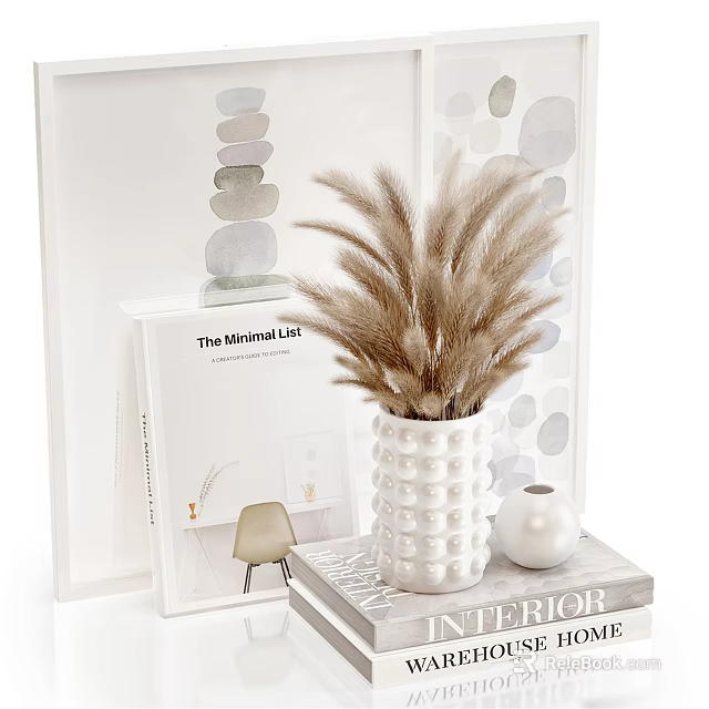Minimalist Decorative Ornament Set With Pampas Grass Vase Books And Stone Decor 3d model 