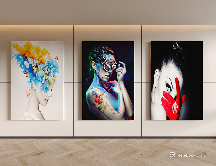 Contemporary Portrait Paintings With Floral Elements Vibrant Tattoos And Red Accents For Modern Wall Decor 3d model 