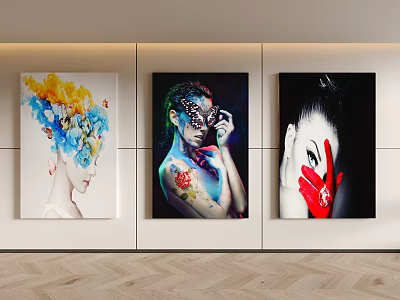 Contemporary Portrait Paintings With Floral Elements Vibrant Tattoos And Red Accents For Modern Wall Decor 3d model
