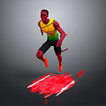 Game Movie Character Running In Yellow Green Vest Black Shorts With Red Light Effects Below