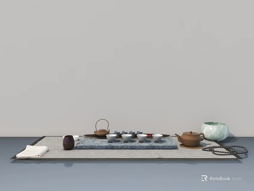 Traditional Swing Door Design For Tea Ceremony With Teapot And Cups 3d model 