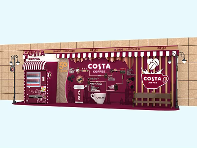 Costa Coffee Cafe Exterior With Red Facade Striped Awning Street Lamp And Bench 3d model