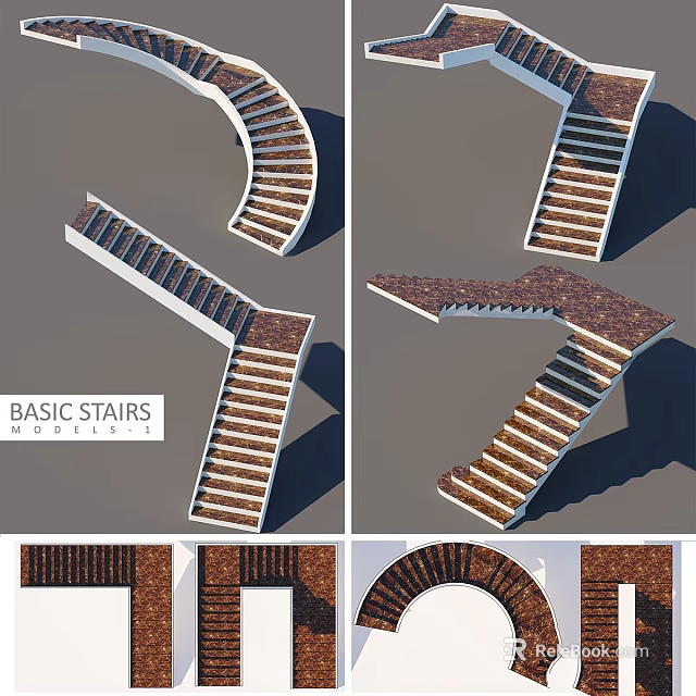Basic Stairs With Various Design Styles Including Spiral Straight Curved And Wooden Steps 3d model 