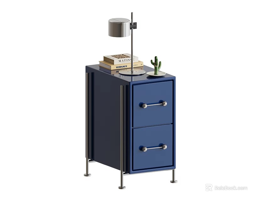 Blue Modern Nightstand With Two Drawers Metal Legs Table Lamp Books And Small Cactus 3d model 