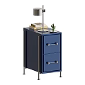 Blue Modern Nightstand With Two Drawers Metal Legs Table Lamp Books And Small Cactus