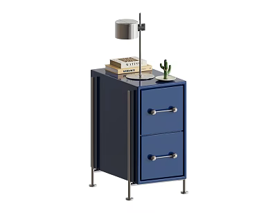 Blue Modern Nightstand With Two Drawers Metal Legs Table Lamp Books And Small Cactus 3d model