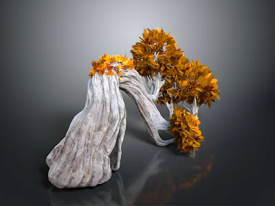 Unique Curved Tree With White Textured Trunk And Orange Yellow Leaves 3d model