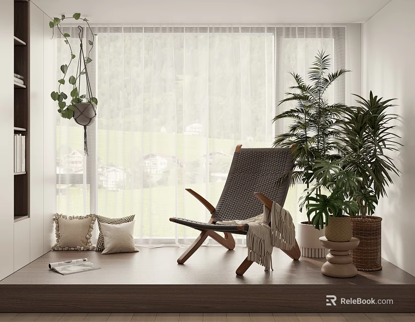 Comfortable Modern Lounge Chair By Window With Green Plants And Soft Pillows 3d model 