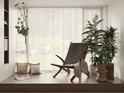 Comfortable Modern Lounge Chair By Window With Green Plants And Soft Pillows 3d model