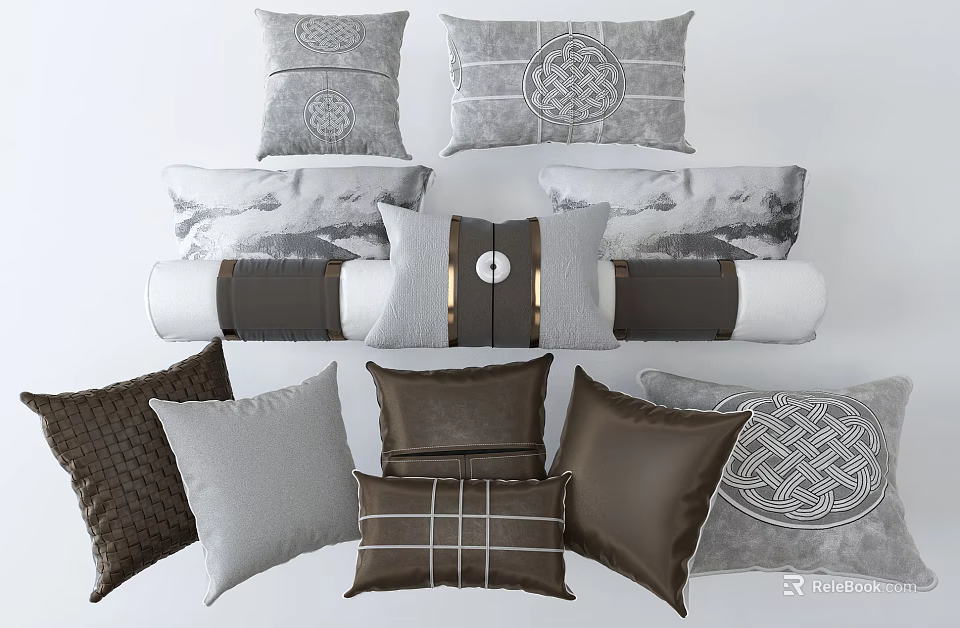 Modern Gray And Brown Decorative Pillows With Braided And Geometric Patterns 3d model