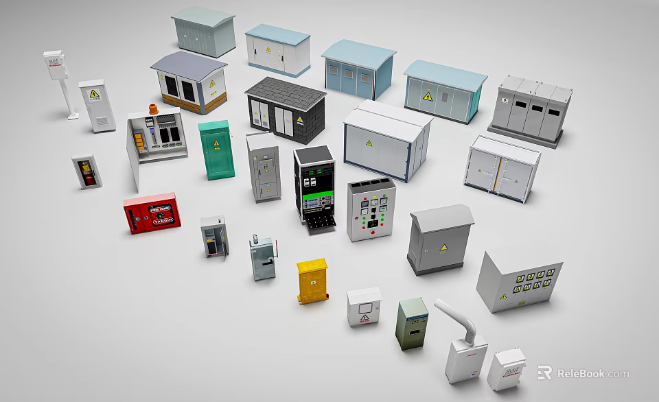 Diverse Industrial Equipment Collection With Control Cabinets Distribution Boxes And Metal Enclosures 3d model 
