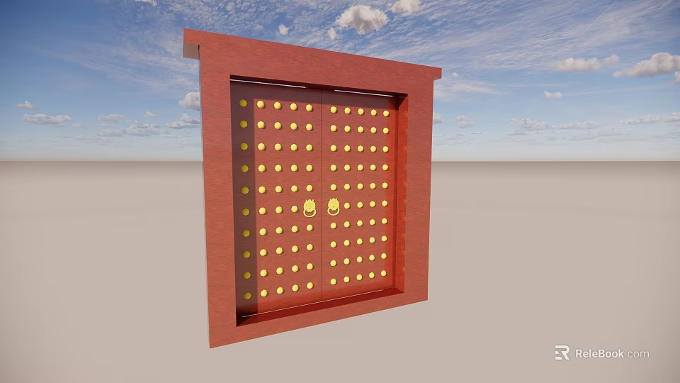 Red Double Doors Adorned with Gold Dots and Door Knockers against Blue Sky and Clouds 3d model 