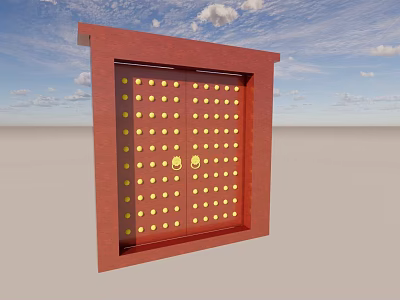 Red Double Doors Adorned with Gold Dots and Door Knockers against Blue Sky and Clouds 3d model