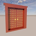 Red Double Doors Adorned with Gold Dots and Door Knockers against Blue Sky and Clouds