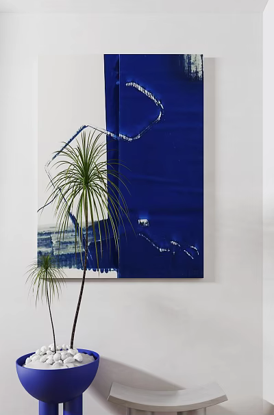 Blue Abstract Painting With Brush Strokes And Green Palm Plant On White Wall 3d model