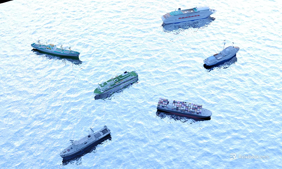 Multiple Different Types of Ships Sailing on Calm Water Surface 3d model 