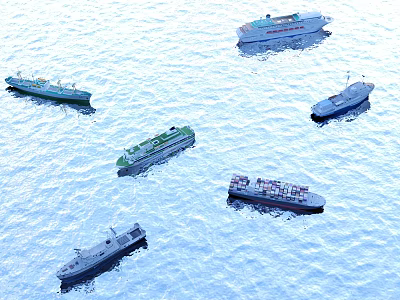 Multiple Different Types of Ships Sailing on Calm Water Surface 3d model