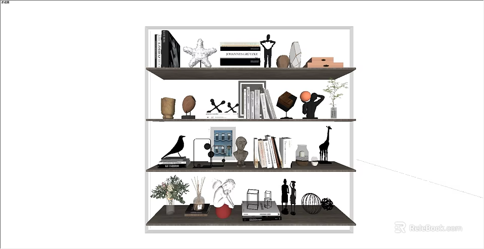 Decorative Ornament Set with Books Sculptures Plants and Animal Figurines on Shelf 3d model 