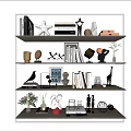 Decorative Ornament Set with Books Sculptures Plants and Animal Figurines on Shelf