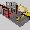 Construction Components Featuring Concrete Cylindrical Structure Metal Frame And Excavator On Site 3d model