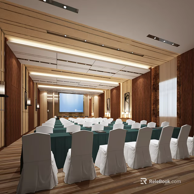 Modern Conference Room With White Chair Covers Neatly Arranged Wooden Walls And Front Projection Screen 3d model 