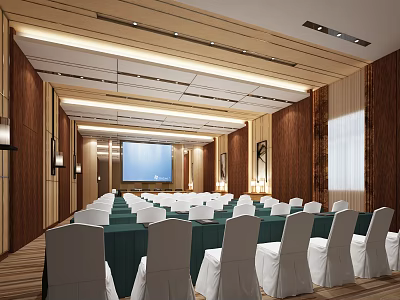 Modern Conference Room With White Chair Covers Neatly Arranged Wooden Walls And Front Projection Screen 3d model