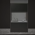 Modern Kitchen With Gray Cabinets Marble Countertop Sink And Faucet Against Gray Dark Walls