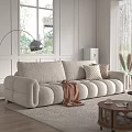 Beige Two-seater Sofa in Modern Living Room with Brown Blanket Checkered Pillows and Floor Lamp