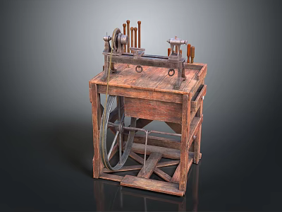Vintage Wooden Mechanical Device With Wheel Gear And Multiple Components 3d model