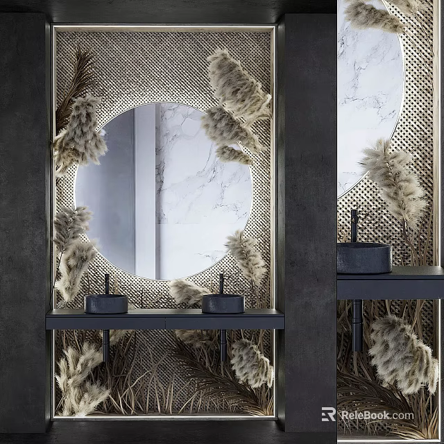 Elegant Bathroom Sink On Black Countertop With Round Marble Mirror Pampas Grass And Woven Walls 3d model 