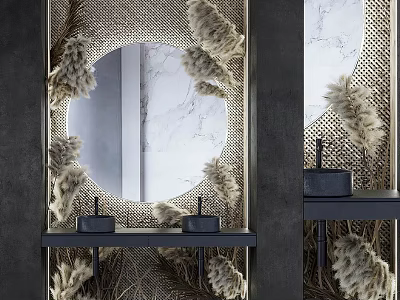 Elegant Bathroom Sink On Black Countertop With Round Marble Mirror Pampas Grass And Woven Walls 3d model