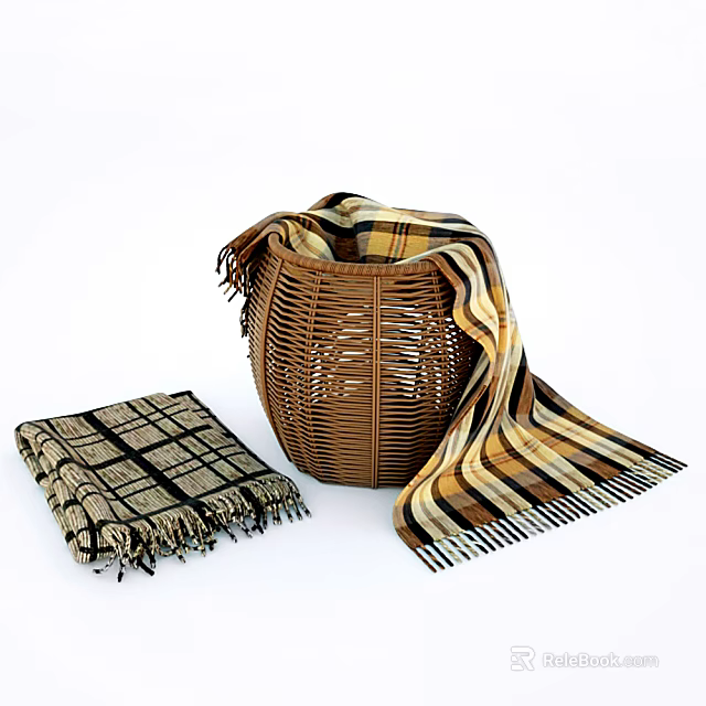 Woven Storage Basket with Plaid and Striped Blankets for Home Organization 3d model 