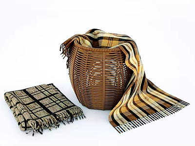 Woven Storage Basket with Plaid and Striped Blankets for Home Organization 3d model