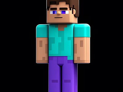 Minecraft Style Male Character Wearing Cyan Shirt and Purple Pants on Black Background 3d model