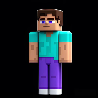 Minecraft Style Male Character Wearing Cyan Shirt and Purple Pants on Black Background 3d model