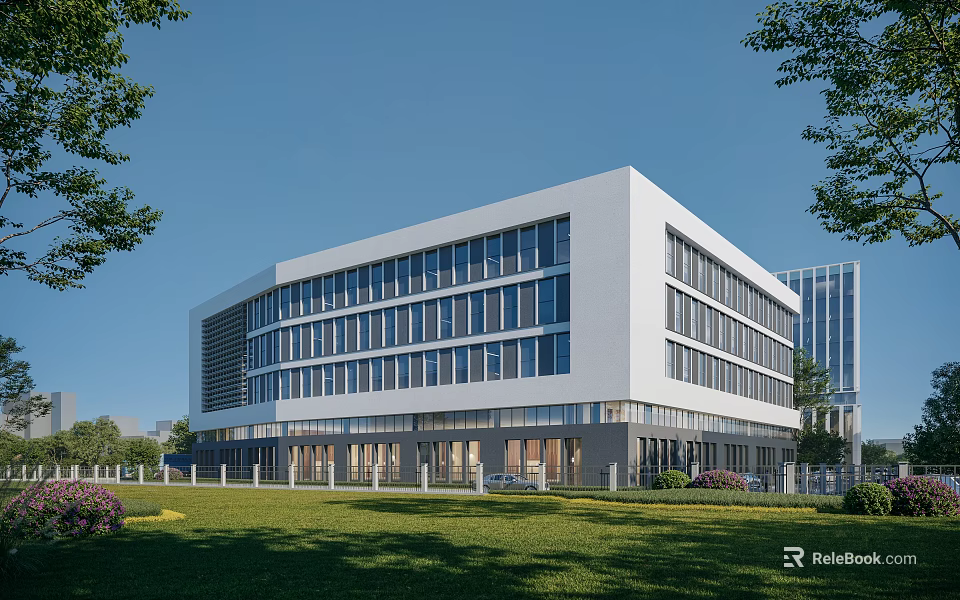 Modern Multi Storey Office Building With White Exterior Large Glass Windows And Green Lawn Trees 3d model 