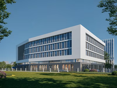 Modern Multi Storey Office Building With White Exterior Large Glass Windows And Green Lawn Trees 3d model