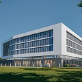 Modern Multi Storey Office Building With White Exterior Large Glass Windows And Green Lawn Trees