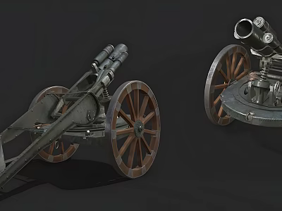 Old Cannons with Wooden Wheels and Metal Barrels Historical Military Artillery Weapons 3d model